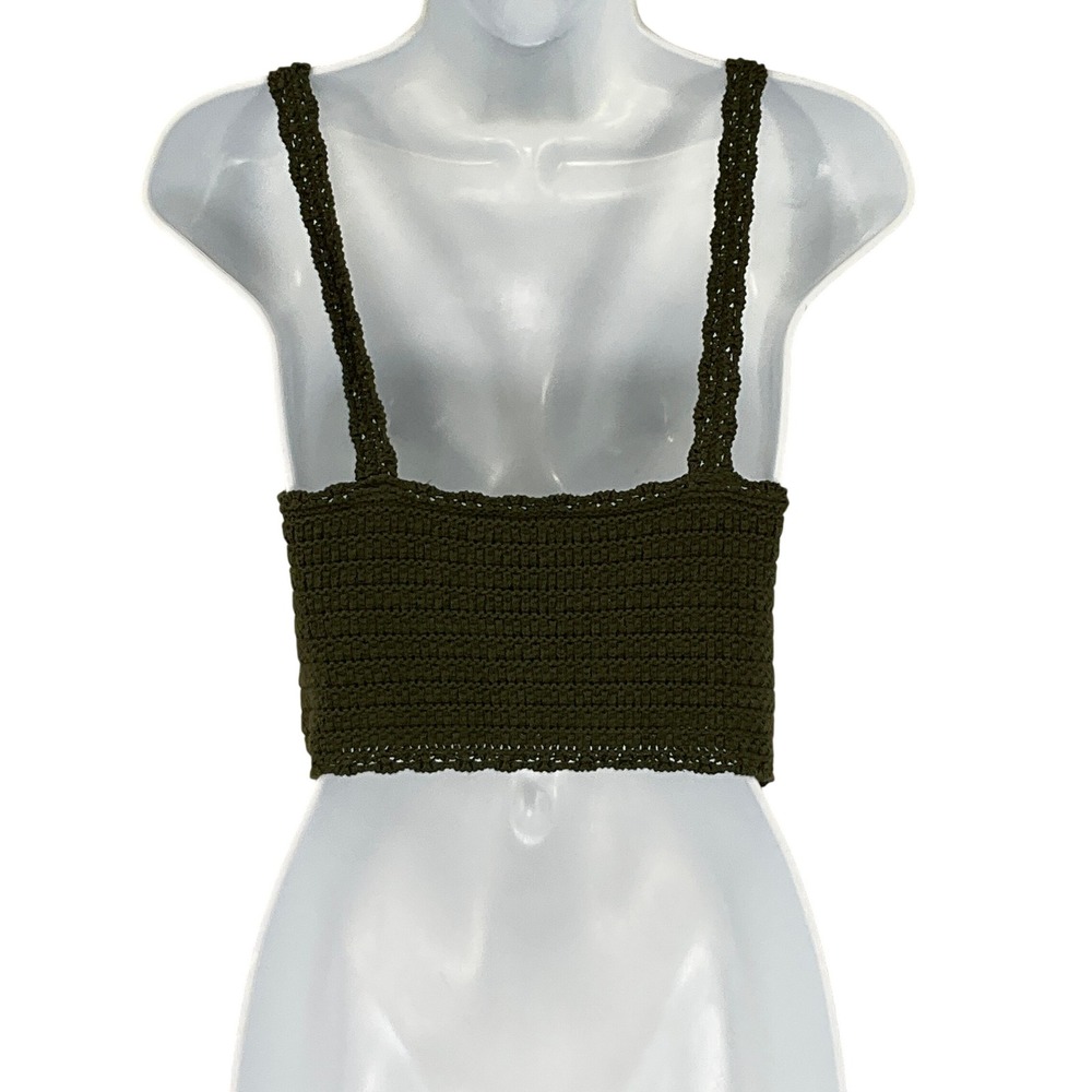 Aerie Olive Green Crochet Crop Tank Top Stretch‎ Knit Sz XXS Bohemian - Picture 2 of 8
